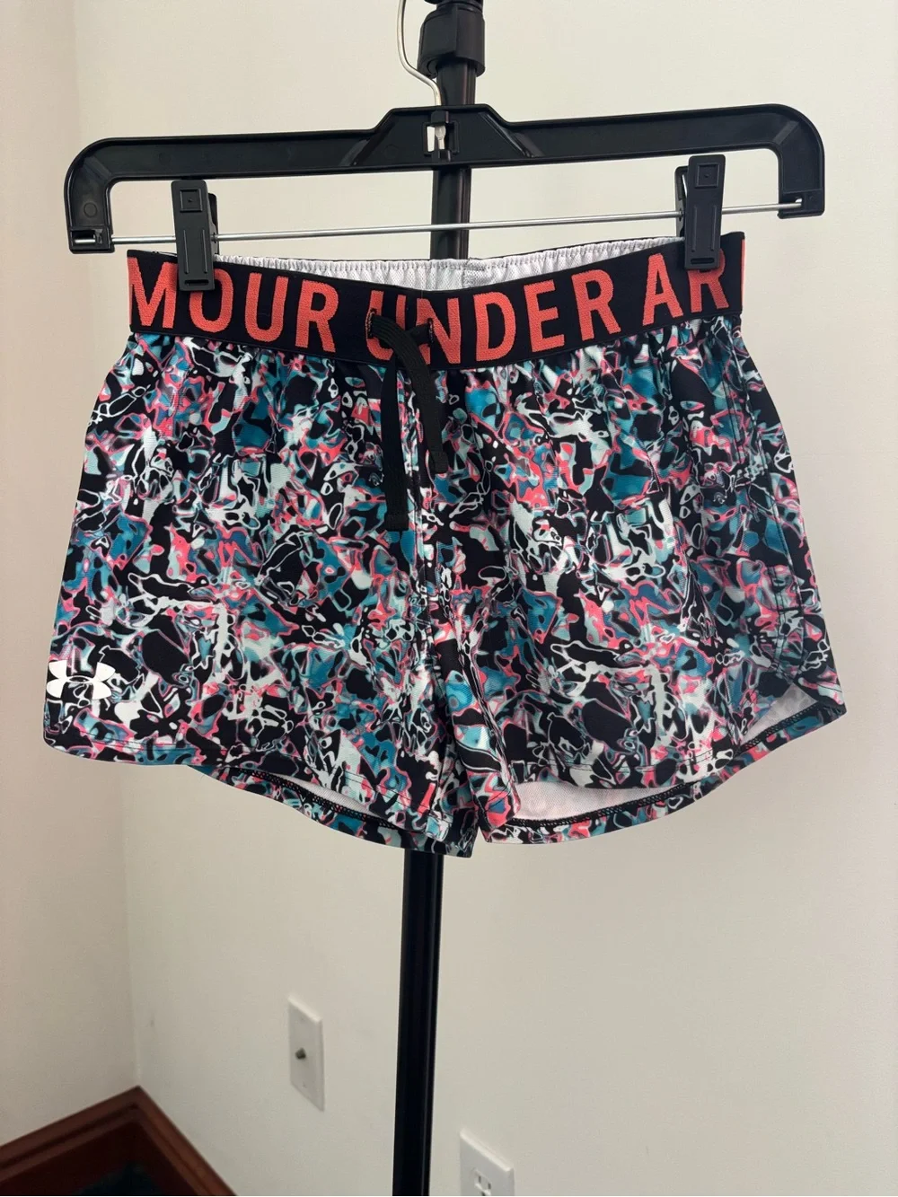 Under Armour Black Multi-Color Girls' Athletic Shorts with Coral Logo Waistband